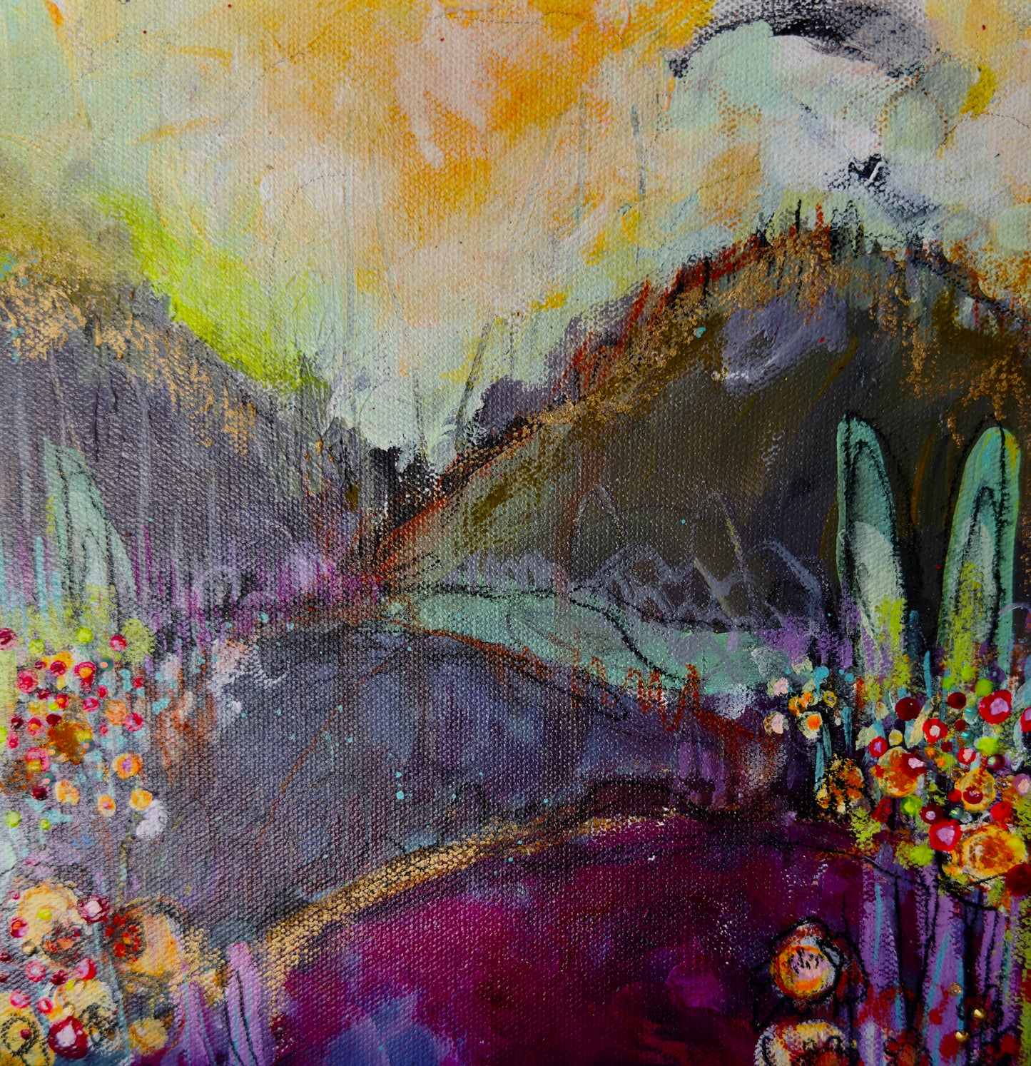 "Violet Hills" Acrylic, Multimedia, Colorful Designer Wall Art Floral Garden