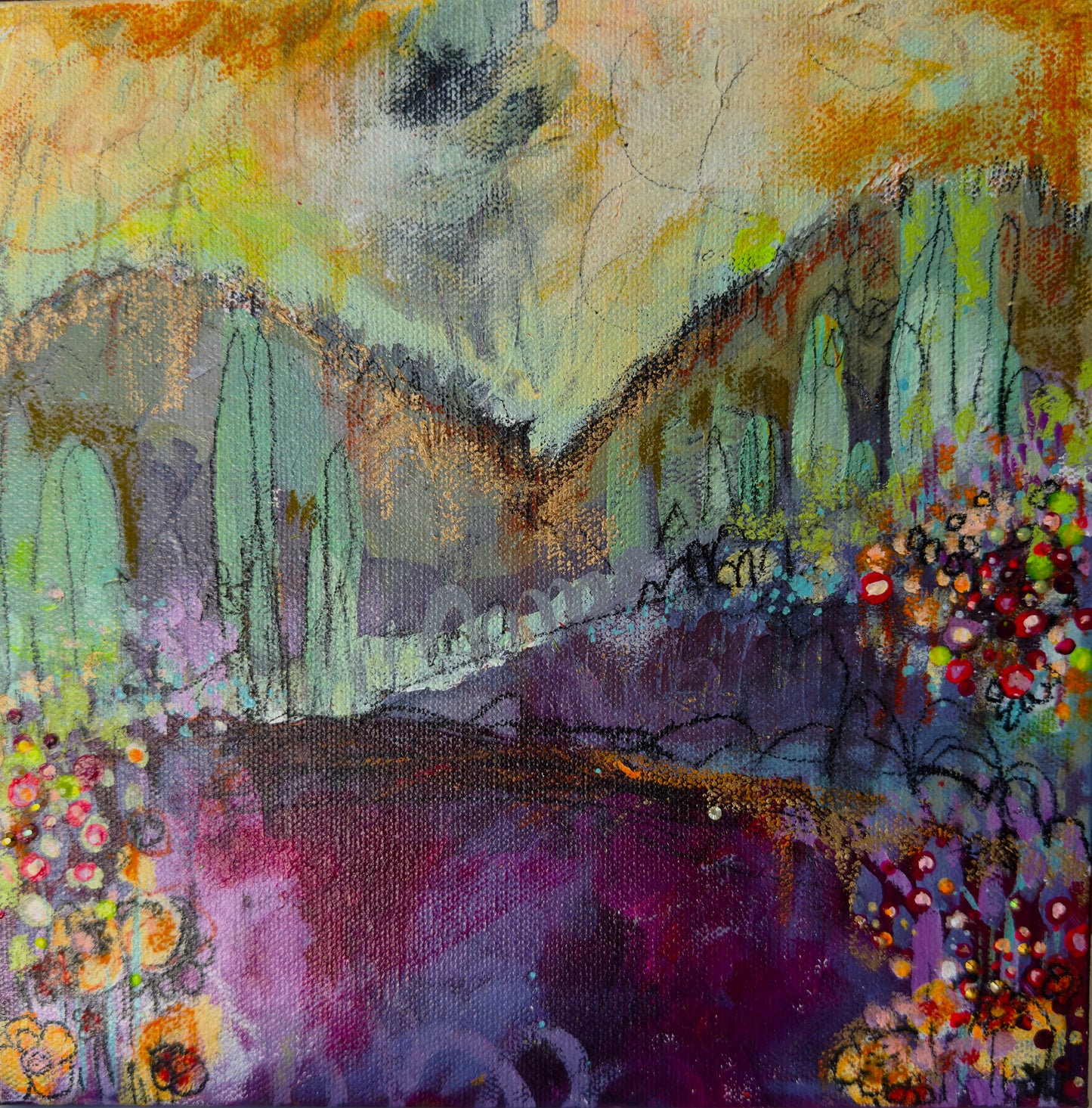 "Violet Hills 2" Acrylic, Multimedia, Colorful Designer Wall Art Floral Garden