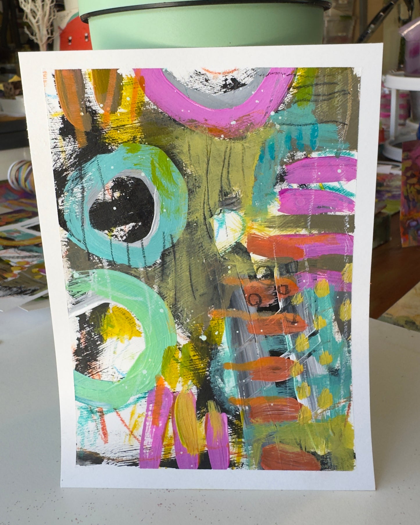 "Mini Joy V" Acrylic, Multimedia, Colorful Designer Wall Art Floral Garden Forest Nature