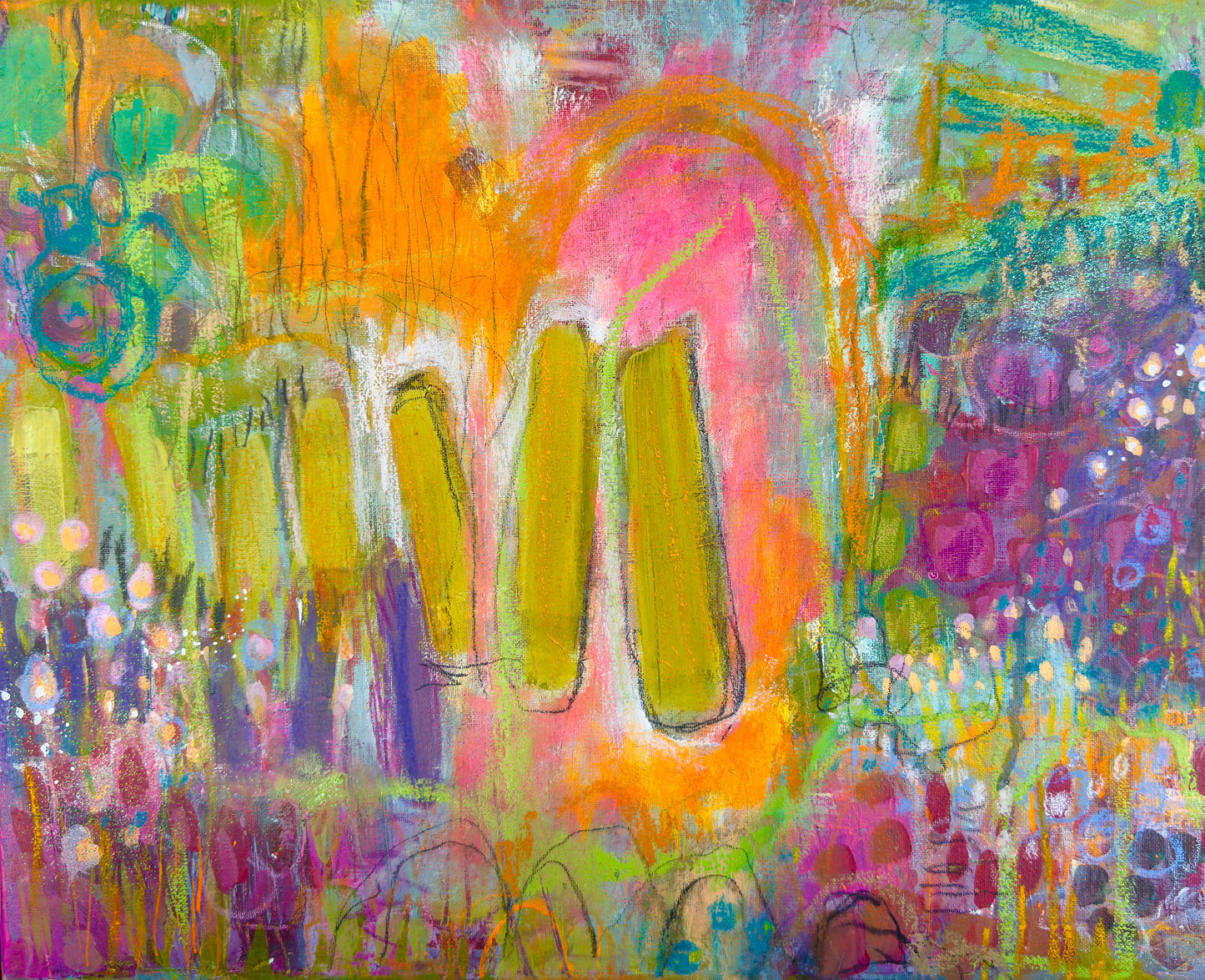 "Whimsical Forest" Acrylic, Multimedia, Colorful Designer Wall Art Floral Garden Forest Nature