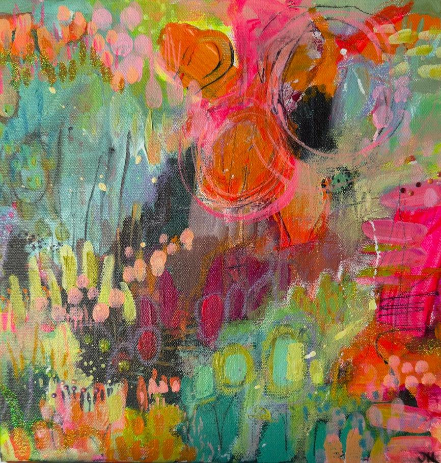 "Color Garden Dream" Acrylic, Multimedia, Colorful Designer Wall Art Floral Garden