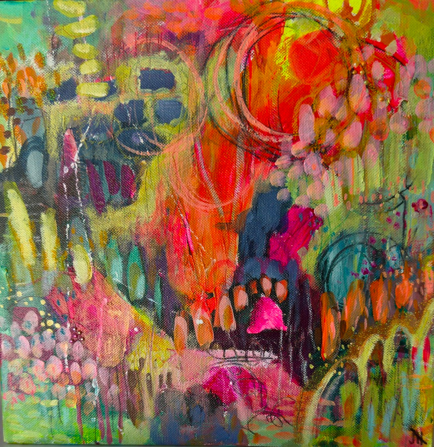 "Vivid Dream" Acrylic, Multimedia, Colorful Designer Wall Art Floral Garden