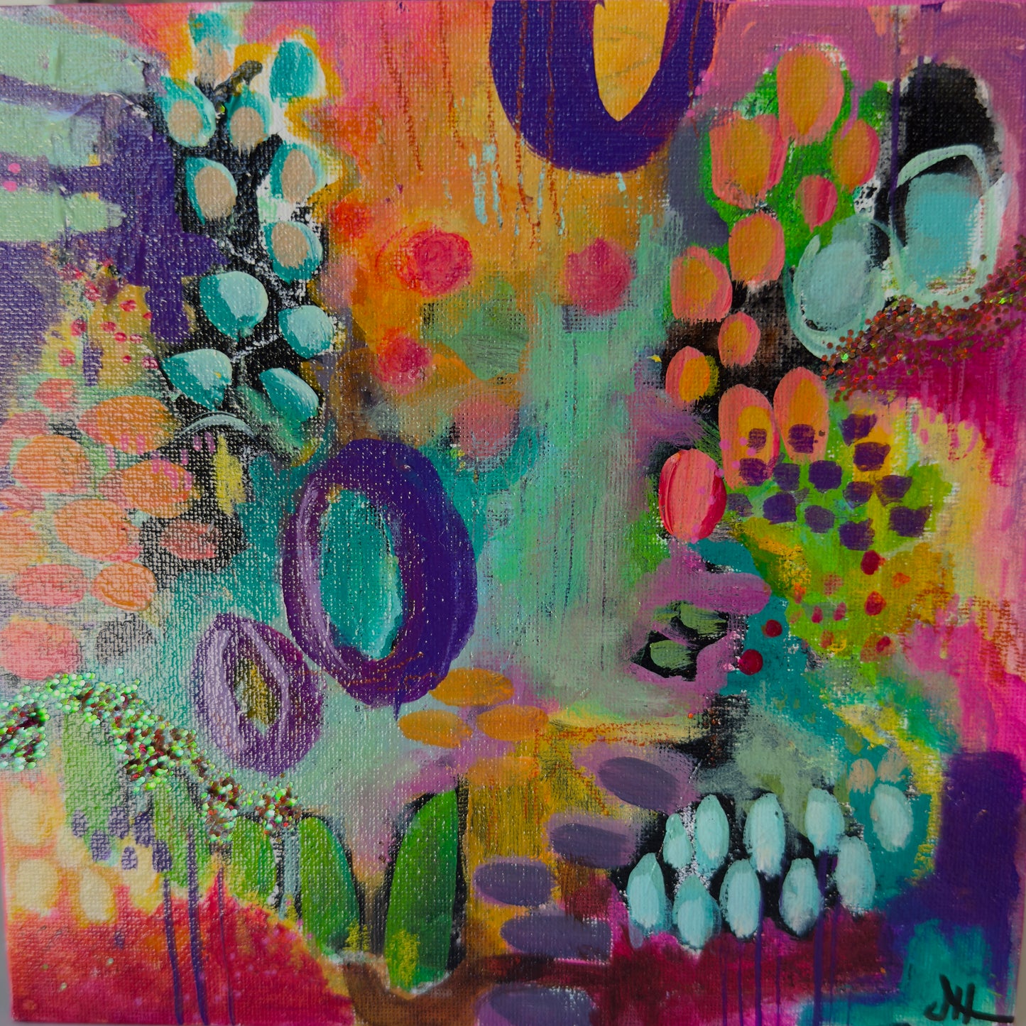 "Giddy" Acrylic, Multimedia, Colorful Designer Wall Art Floral Garden