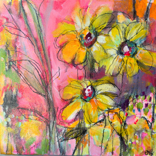 "Glee-Full Garden" Acrylic, Multimedia, Colorful Designer Wall Art Floral Garden