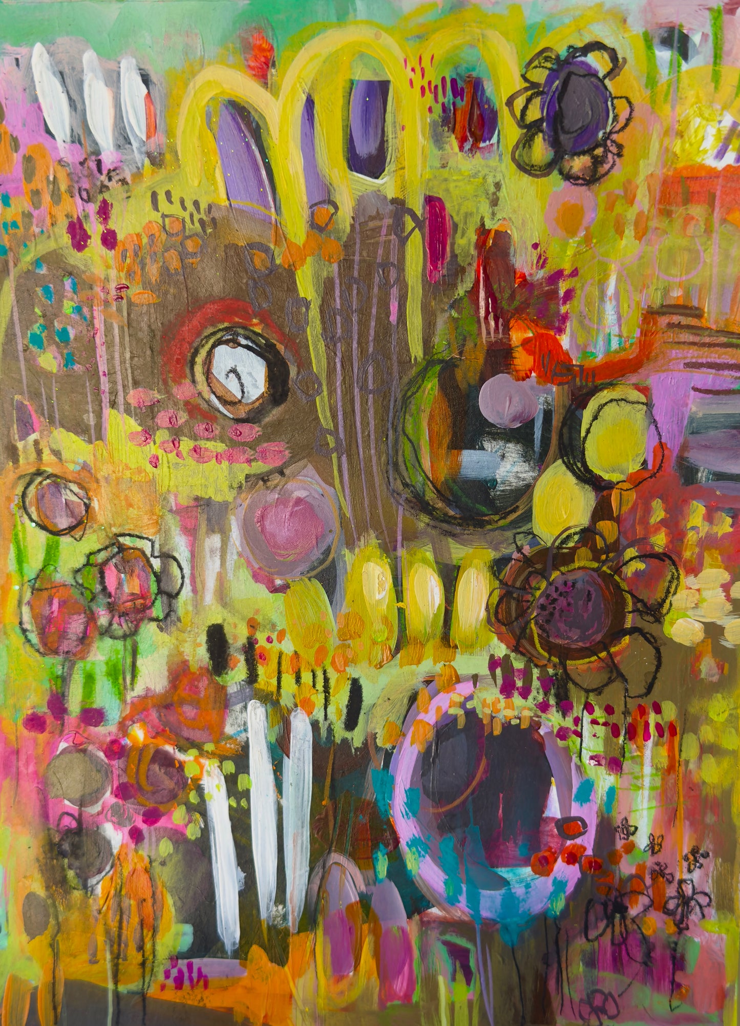 "Whimsical Wander" Acrylic, Multimedia, Colorful Designer Wall Art Floral Garden Forest Nature