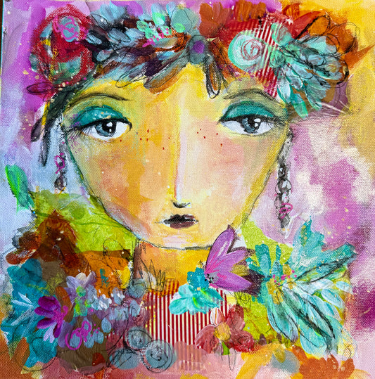 "Annabell on Vacation" Acrylic, Multimedia, Colorful woman Designer Wall Art