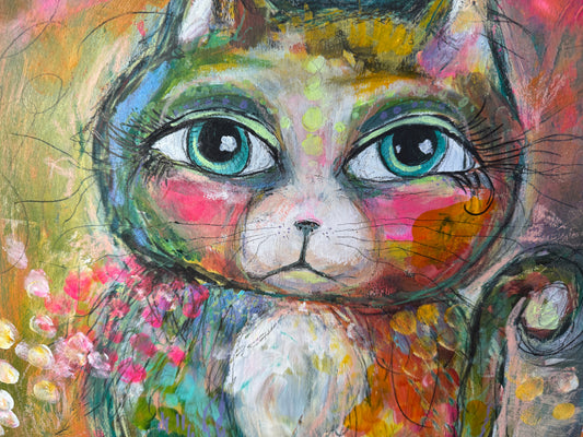 "Sammy Cat" Acrylic, Multimedia, Colorful Cat Designer Wall Art