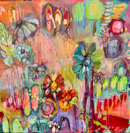 "Olive in the Yard" Acrylic, Multimedia, Colorful Designer Wall Art Floral