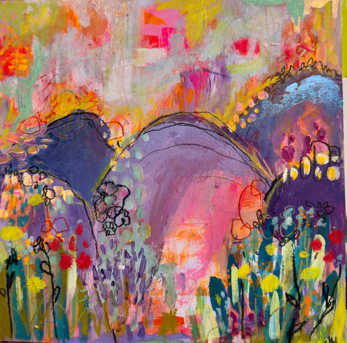 "Gleeful Hike" Acrylic, Multimedia, Colorful Designer Wall Art Original