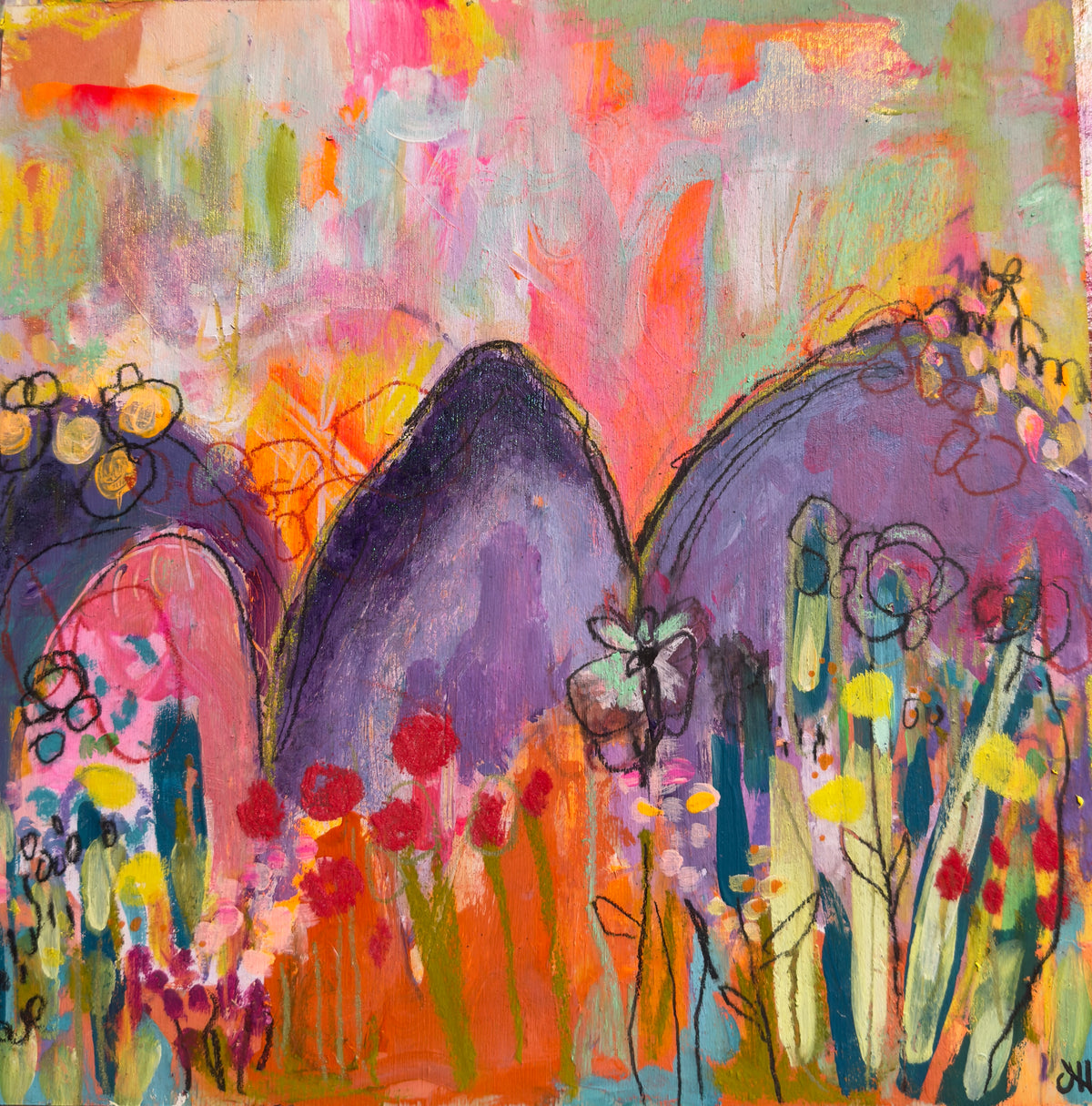 "Gleeful Hike II" Acrylic, Multimedia, Colorful Designer Wall Art Original