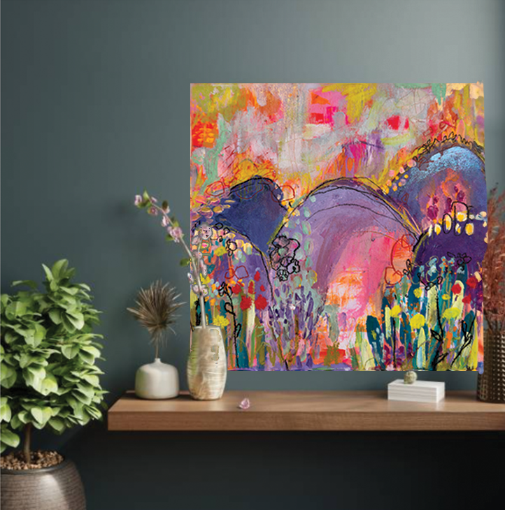 "Gleeful Hike" Acrylic, Multimedia, Colorful Designer Wall Art Original