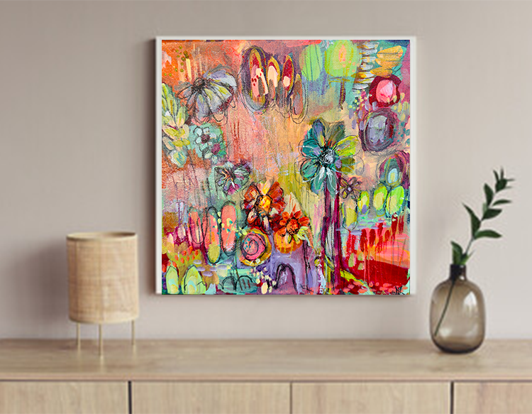 "Olive in the Yard" Acrylic, Multimedia, Colorful Designer Wall Art Floral