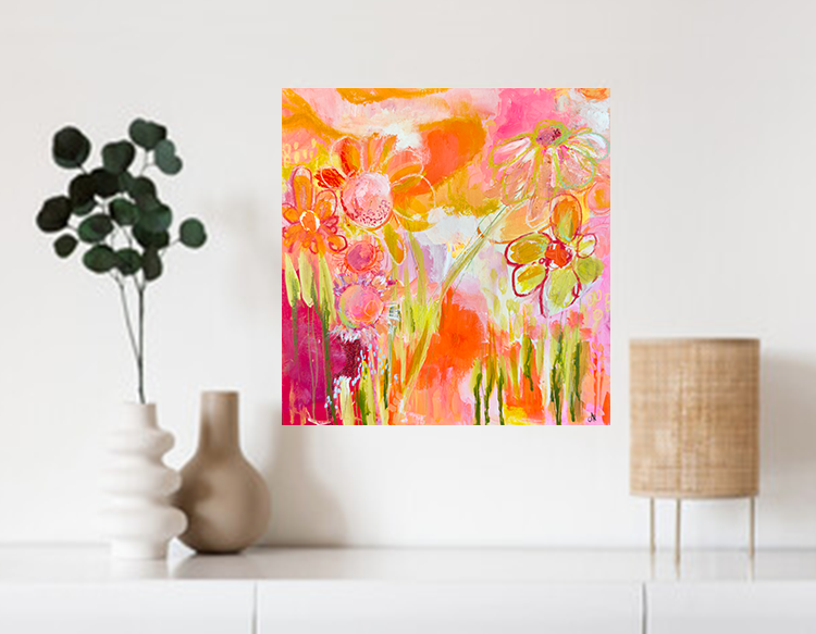 "Pure Joy" Acrylic, Multimedia, Colorful Designer Wall Art Floral