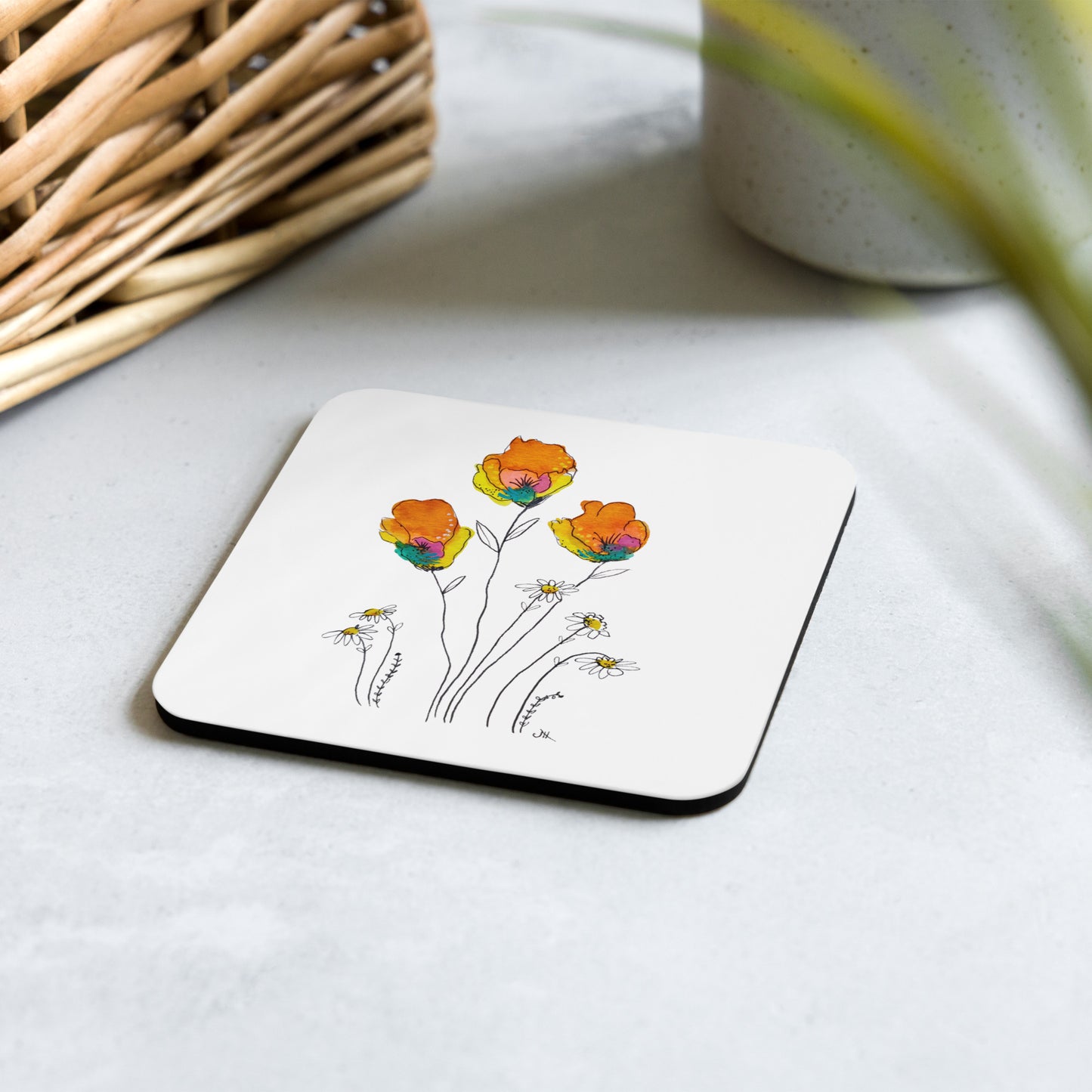 Orange Floral - Cork-back coaster